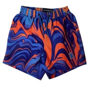 Psycho Bunny Swim Trunks Orange Blue Print Elastic Waist Drawstring Size XXS